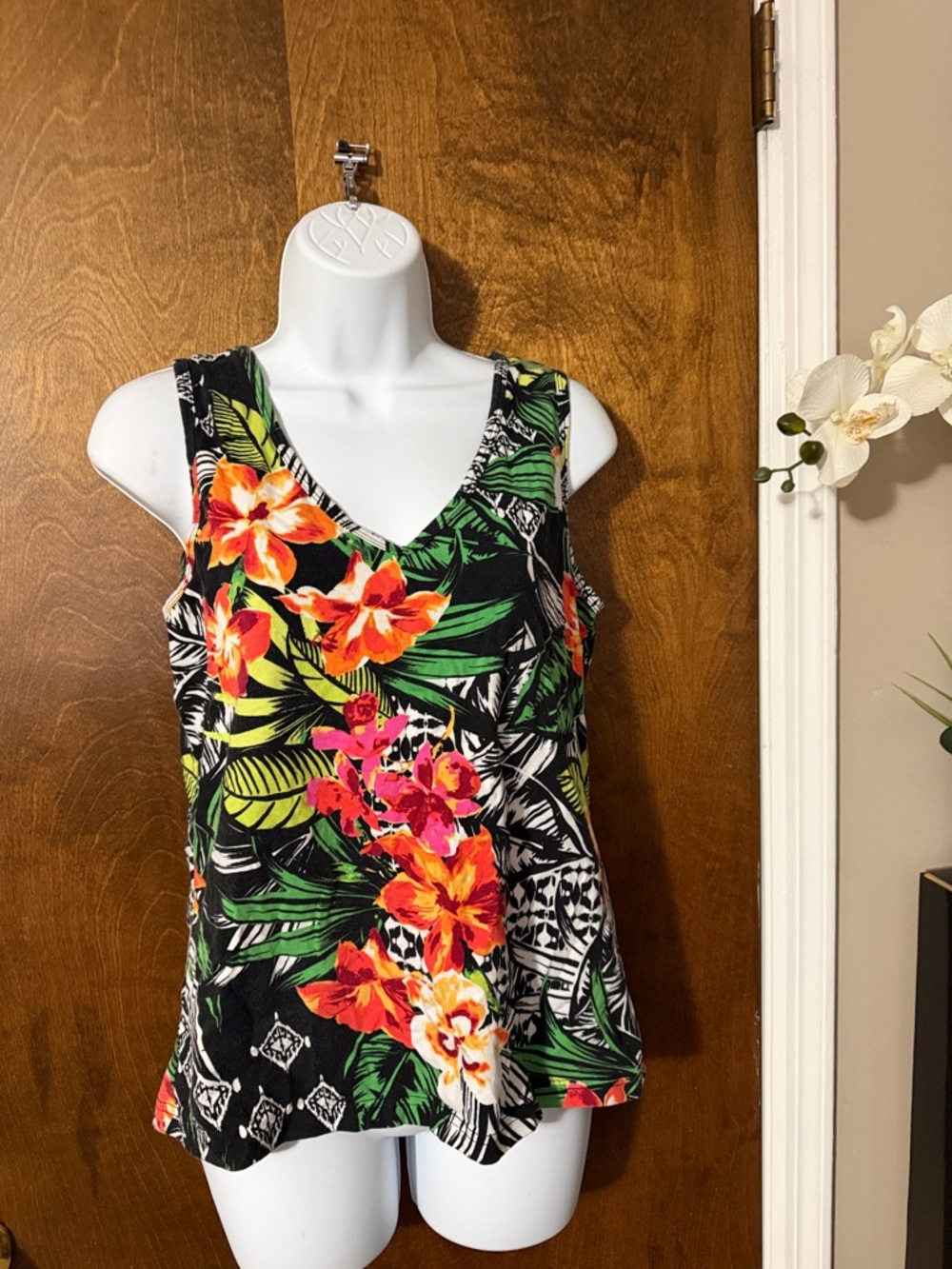 Catalina Black Tropical Floral V-Neck Tank with Green Leaves